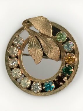 Mothers Day Wreath Style Pin 12 Kt GP Floral Motif 6 Clear And 6 Colored Stones